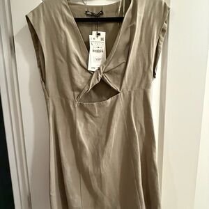 Zara Green Linen Knotted Cutout Mini Dress L NWT